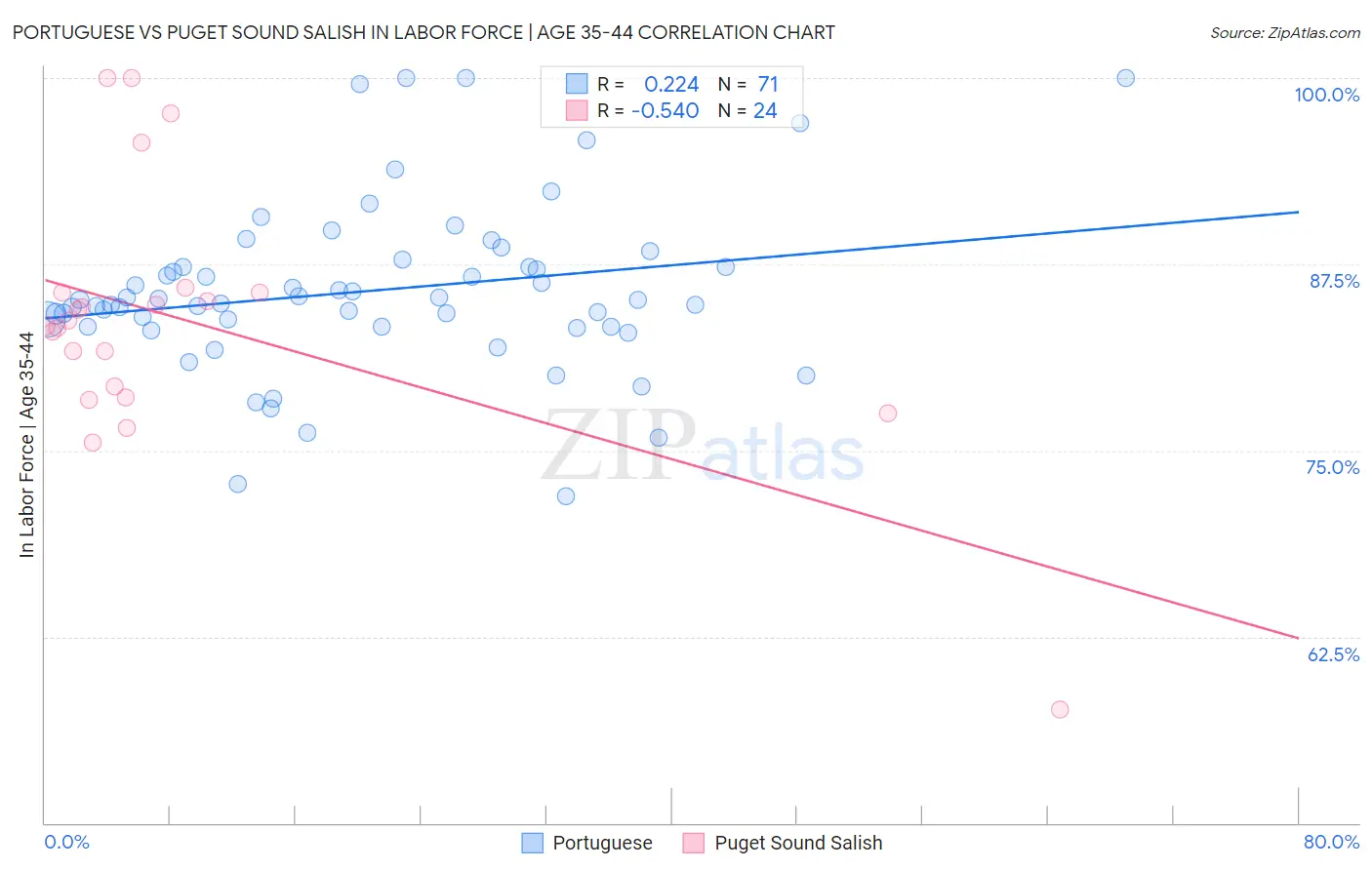 Portuguese vs Puget Sound Salish In Labor Force | Age 35-44