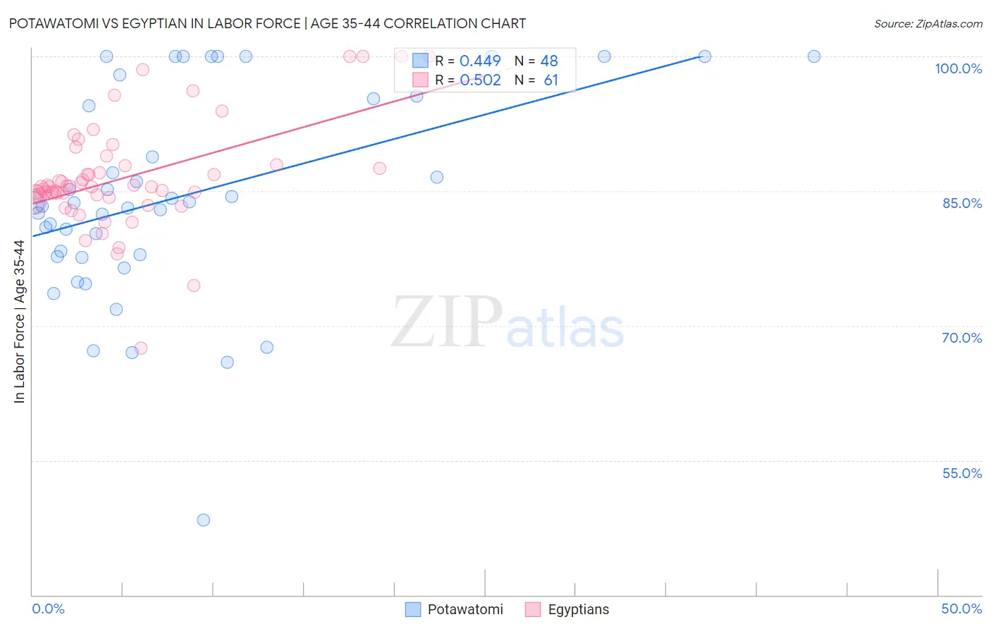 Potawatomi vs Egyptian In Labor Force | Age 35-44