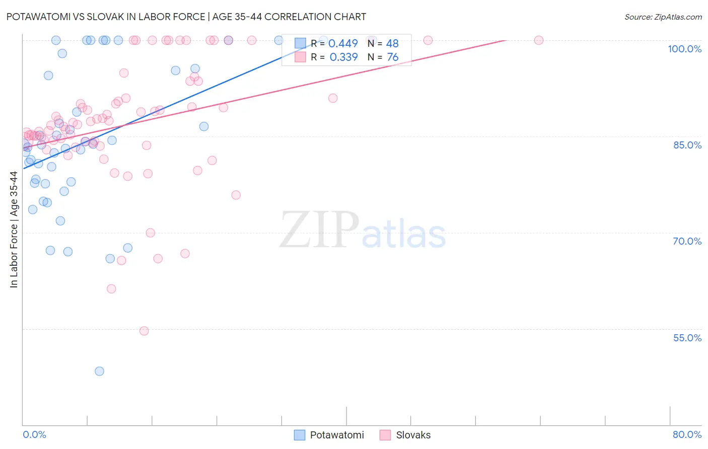 Potawatomi vs Slovak In Labor Force | Age 35-44