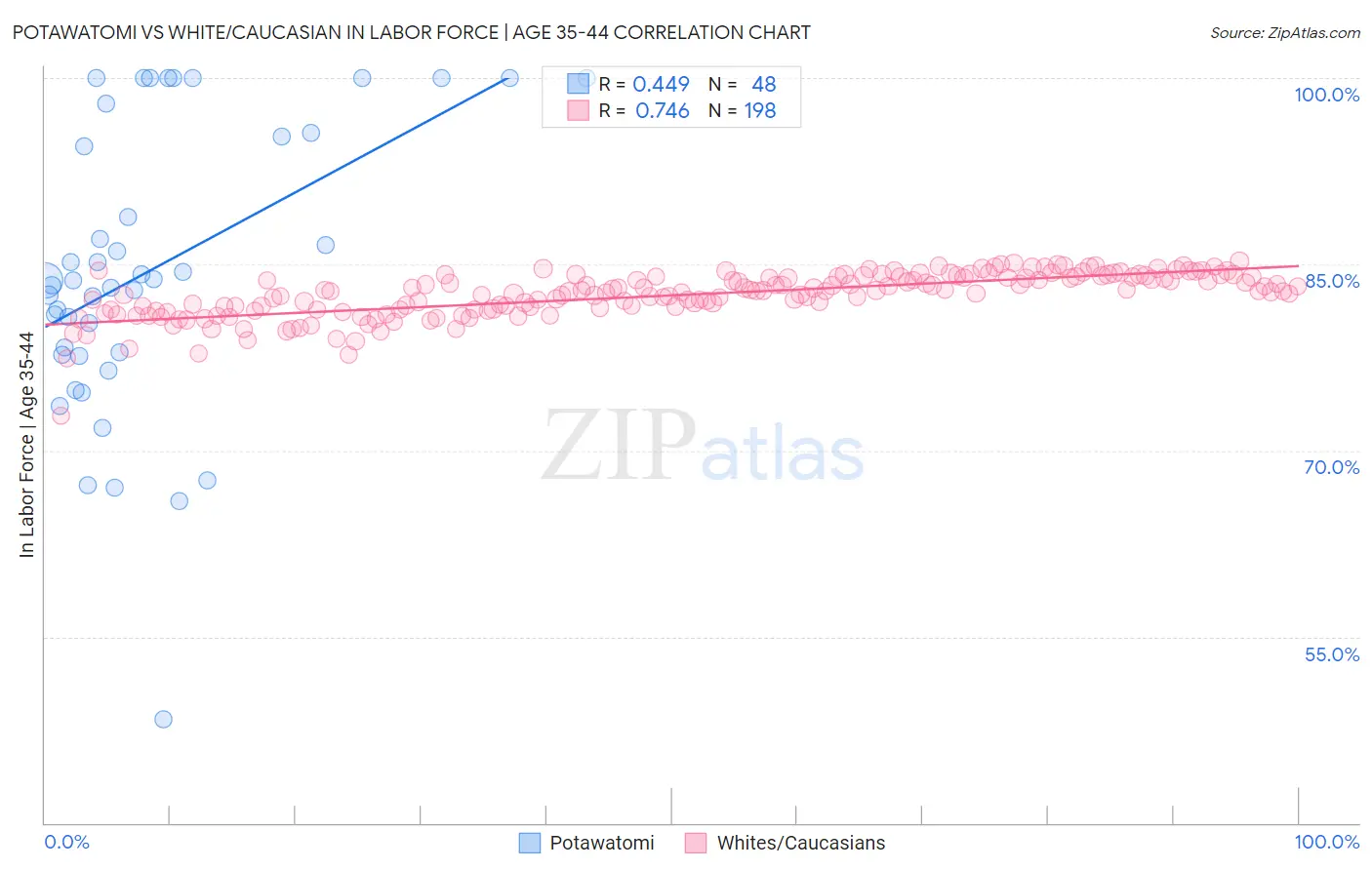 Potawatomi vs White/Caucasian In Labor Force | Age 35-44