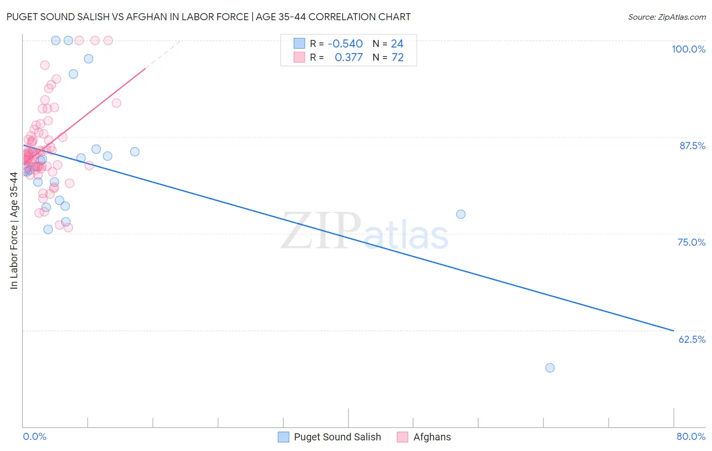 Puget Sound Salish vs Afghan In Labor Force | Age 35-44