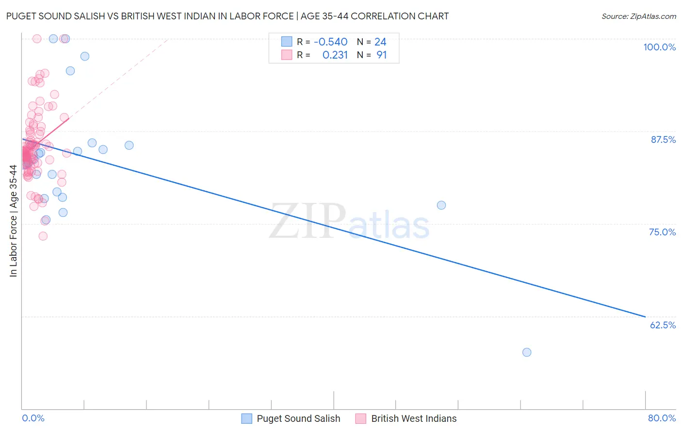Puget Sound Salish vs British West Indian In Labor Force | Age 35-44