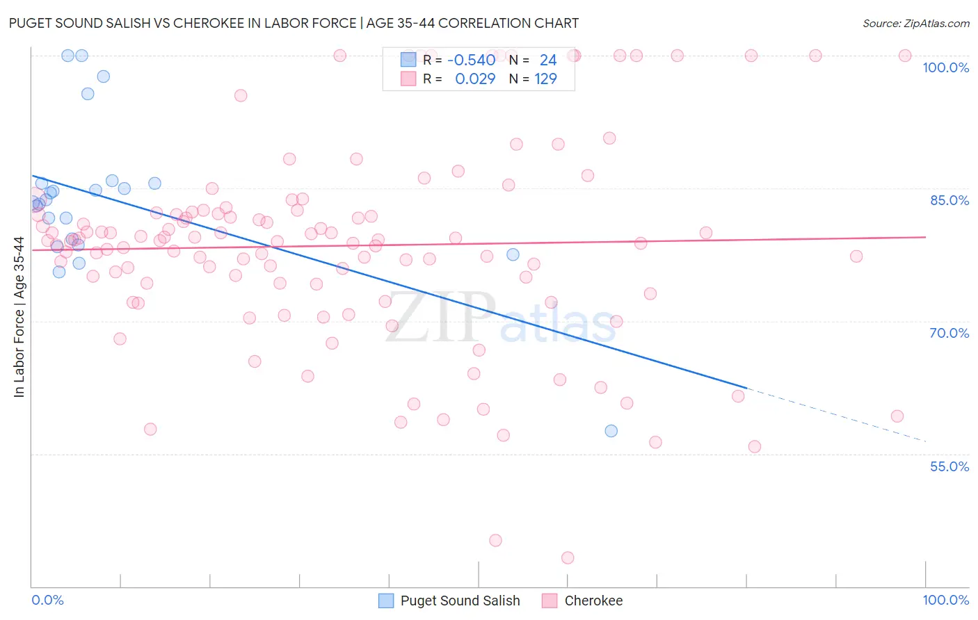 Puget Sound Salish vs Cherokee In Labor Force | Age 35-44