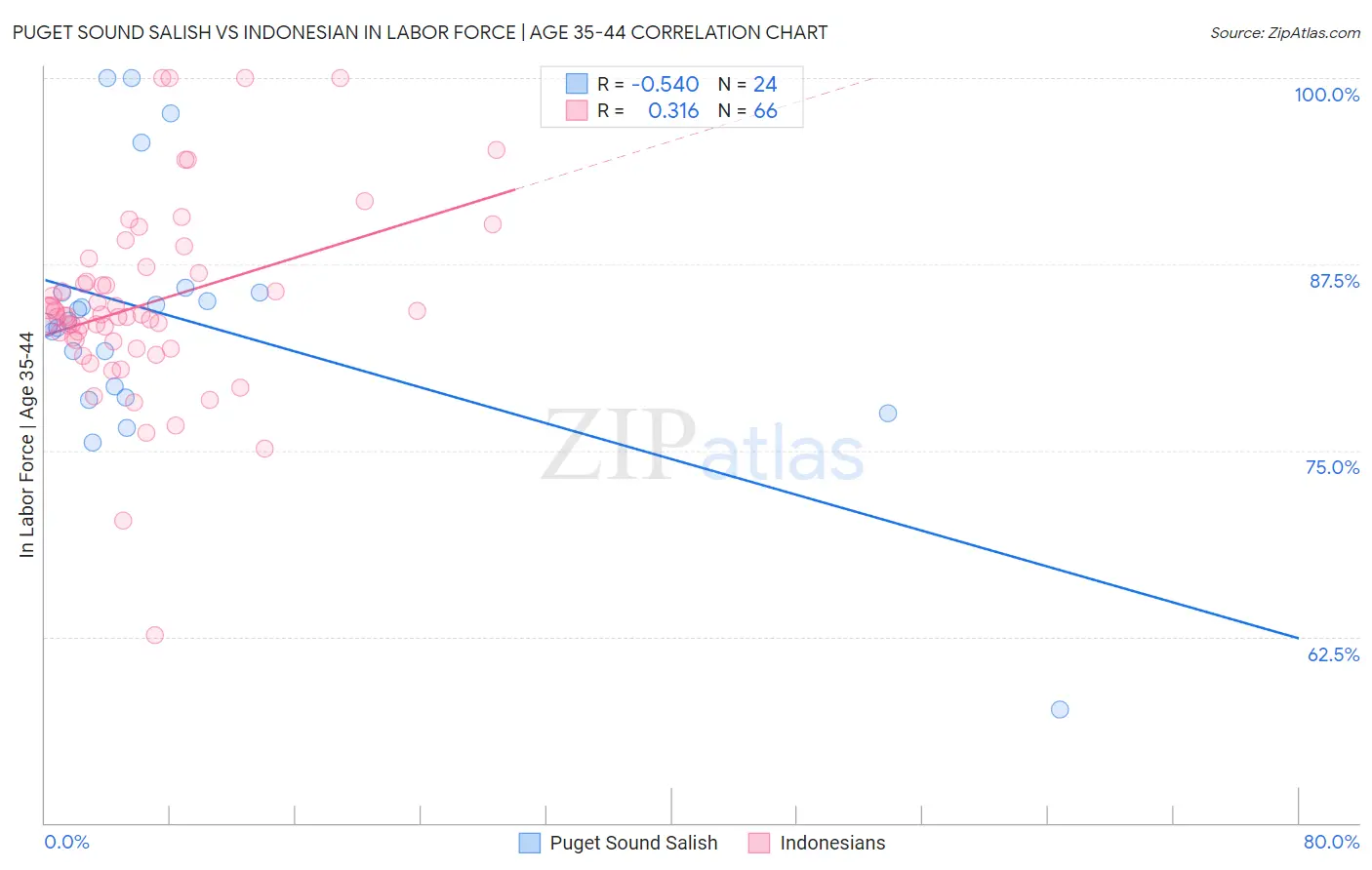 Puget Sound Salish vs Indonesian In Labor Force | Age 35-44