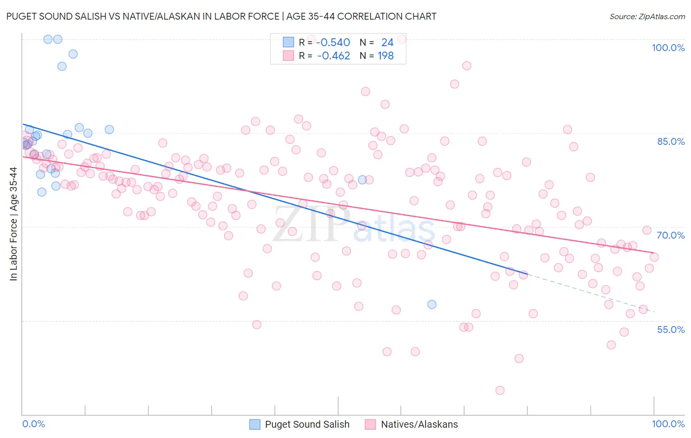 Puget Sound Salish vs Native/Alaskan In Labor Force | Age 35-44