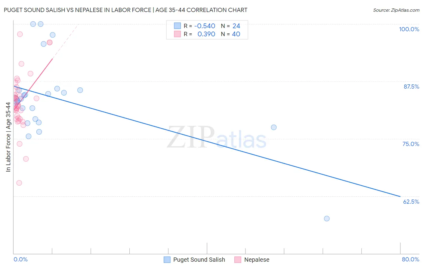 Puget Sound Salish vs Nepalese In Labor Force | Age 35-44
