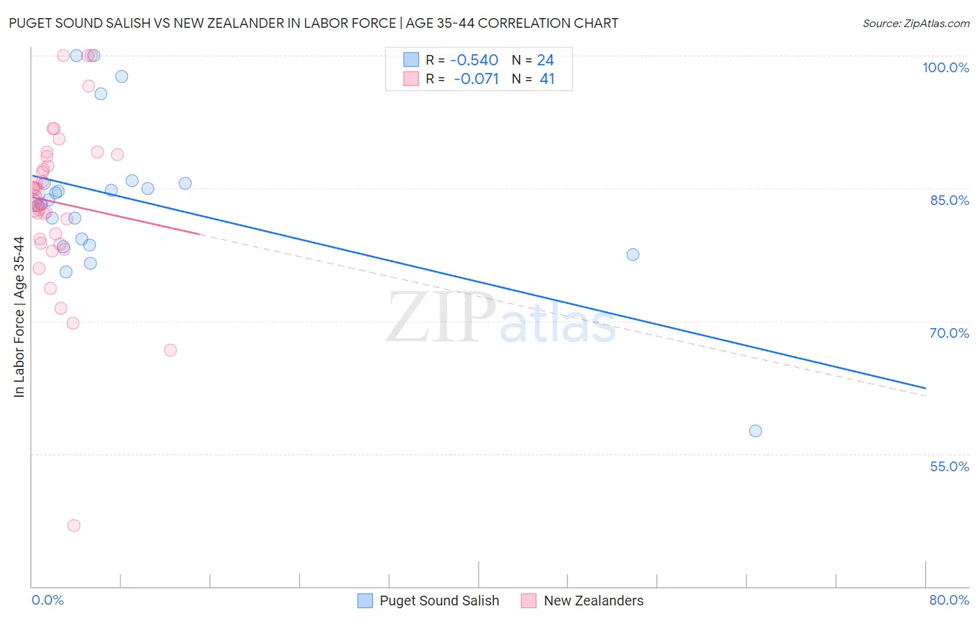 Puget Sound Salish vs New Zealander In Labor Force | Age 35-44