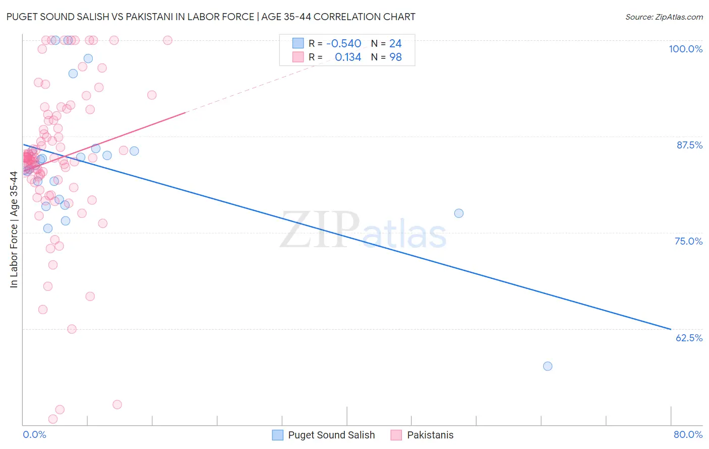 Puget Sound Salish vs Pakistani In Labor Force | Age 35-44