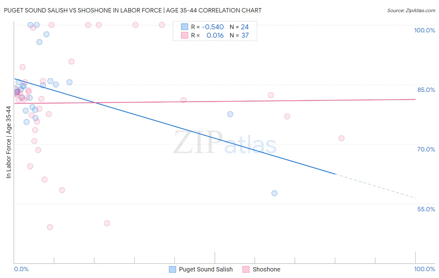 Puget Sound Salish vs Shoshone In Labor Force | Age 35-44