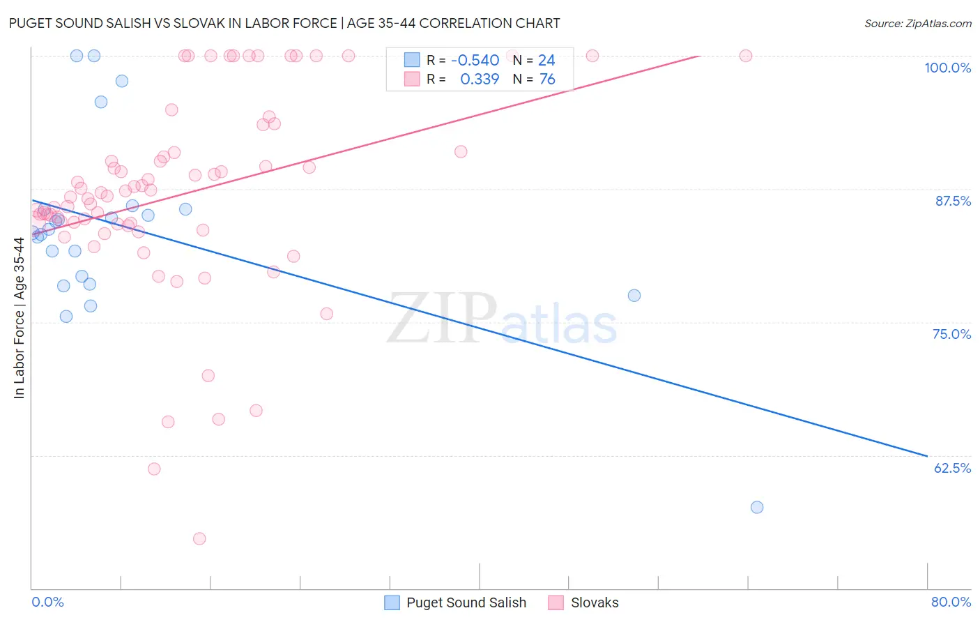 Puget Sound Salish vs Slovak In Labor Force | Age 35-44