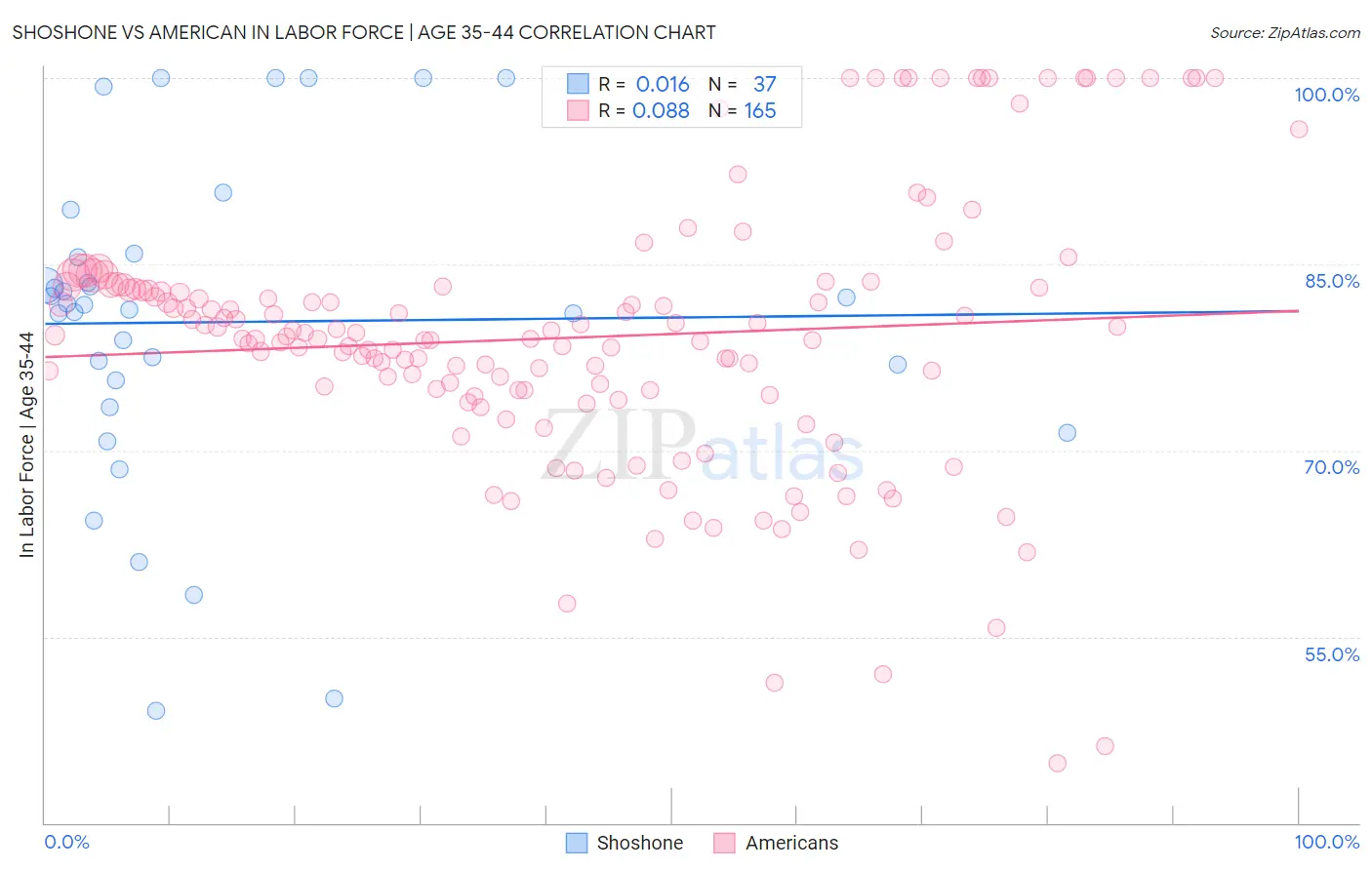 Shoshone vs American In Labor Force | Age 35-44