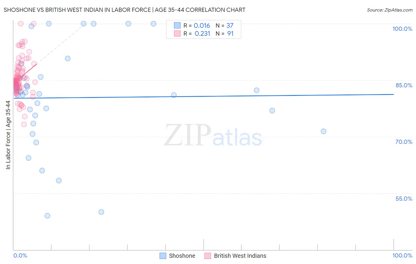 Shoshone vs British West Indian In Labor Force | Age 35-44