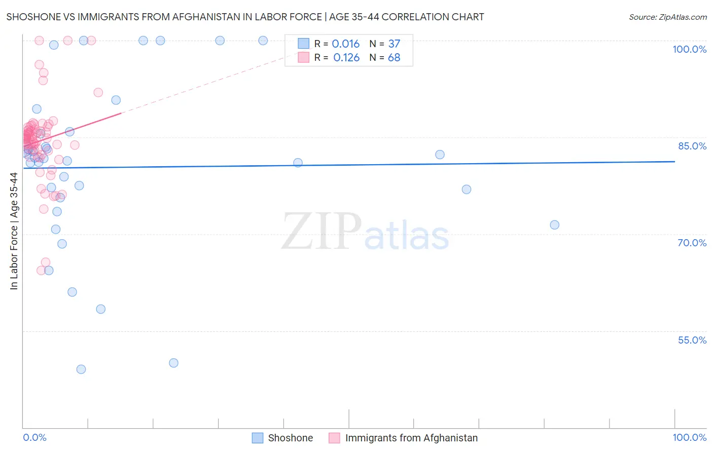 Shoshone vs Immigrants from Afghanistan In Labor Force | Age 35-44