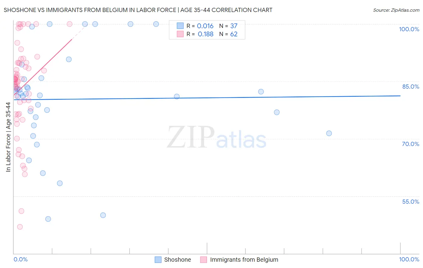 Shoshone vs Immigrants from Belgium In Labor Force | Age 35-44