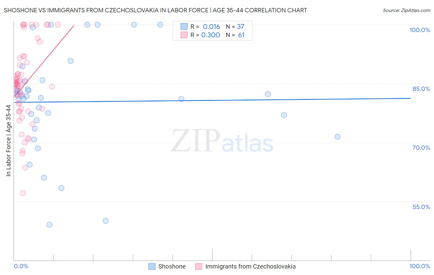 Shoshone vs Immigrants from Czechoslovakia In Labor Force | Age 35-44