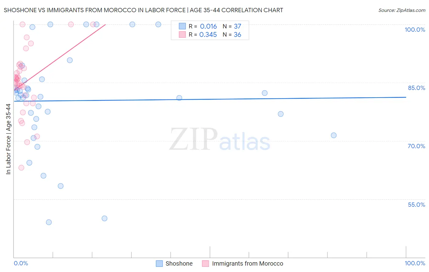 Shoshone vs Immigrants from Morocco In Labor Force | Age 35-44