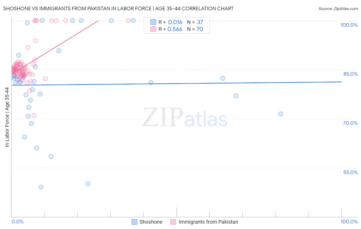 Shoshone vs Immigrants from Pakistan In Labor Force | Age 35-44