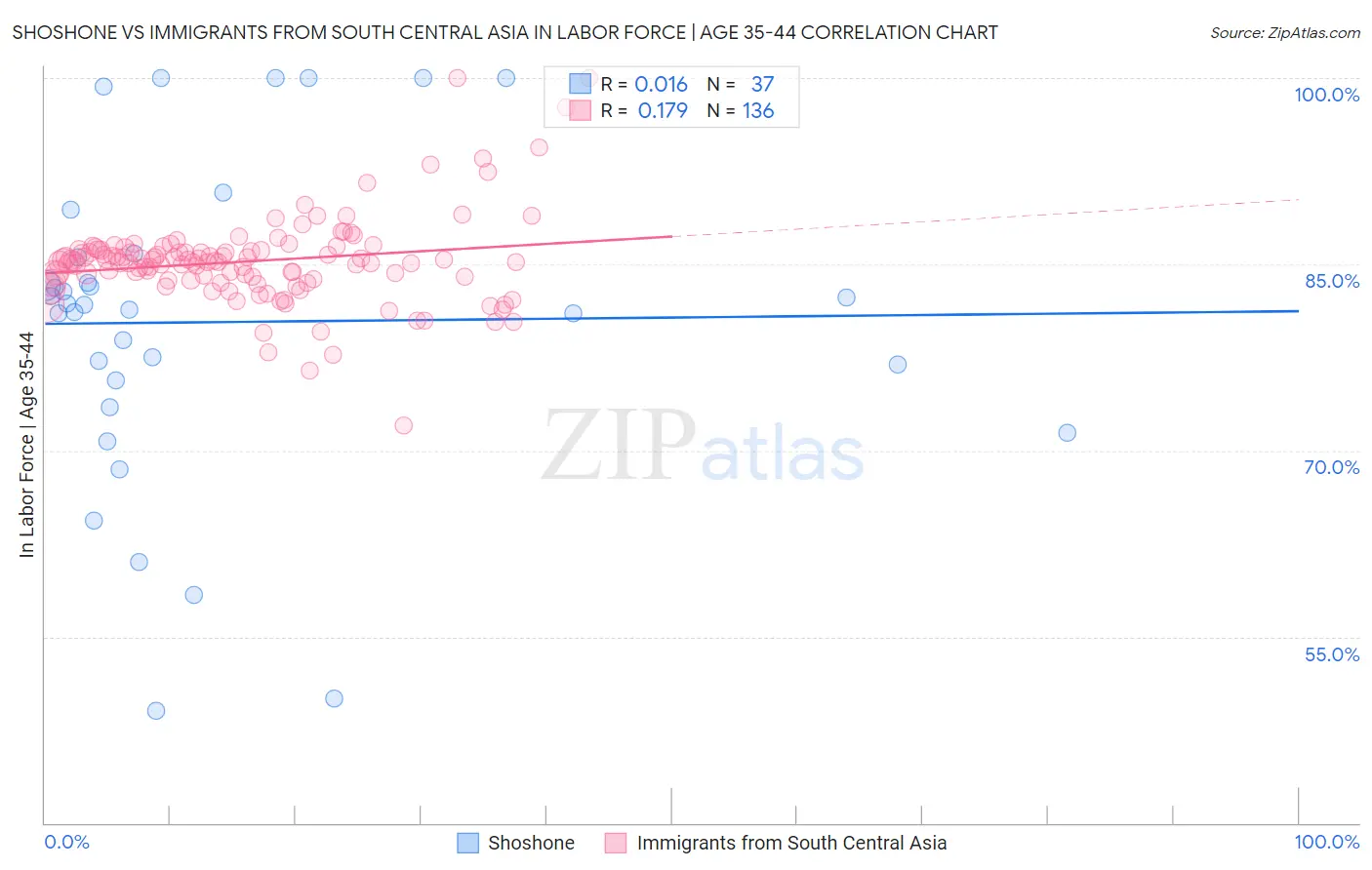 Shoshone vs Immigrants from South Central Asia In Labor Force | Age 35-44