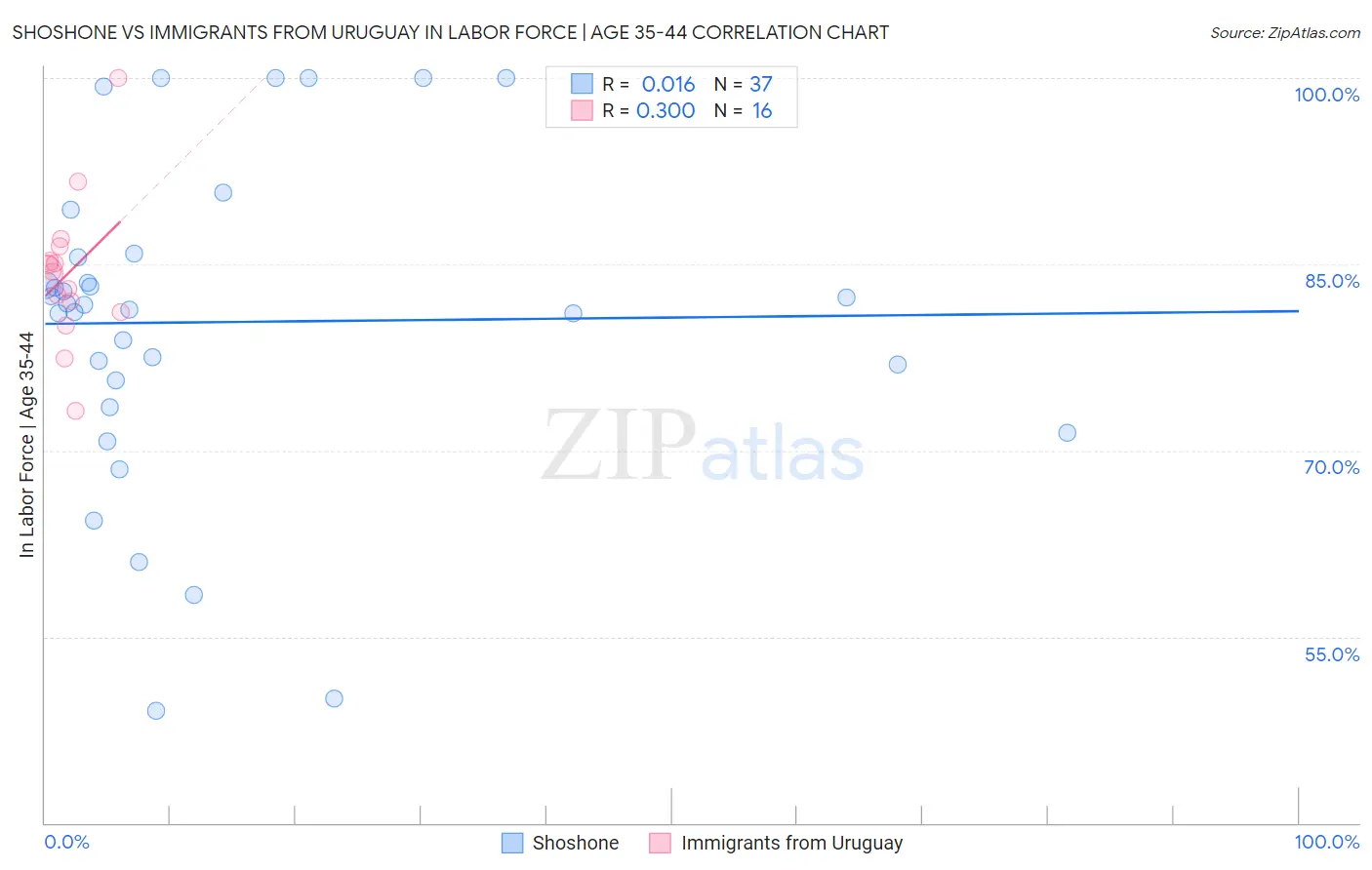 Shoshone vs Immigrants from Uruguay In Labor Force | Age 35-44