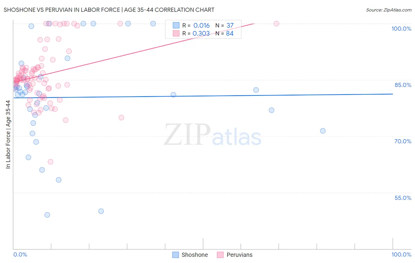 Shoshone vs Peruvian In Labor Force | Age 35-44