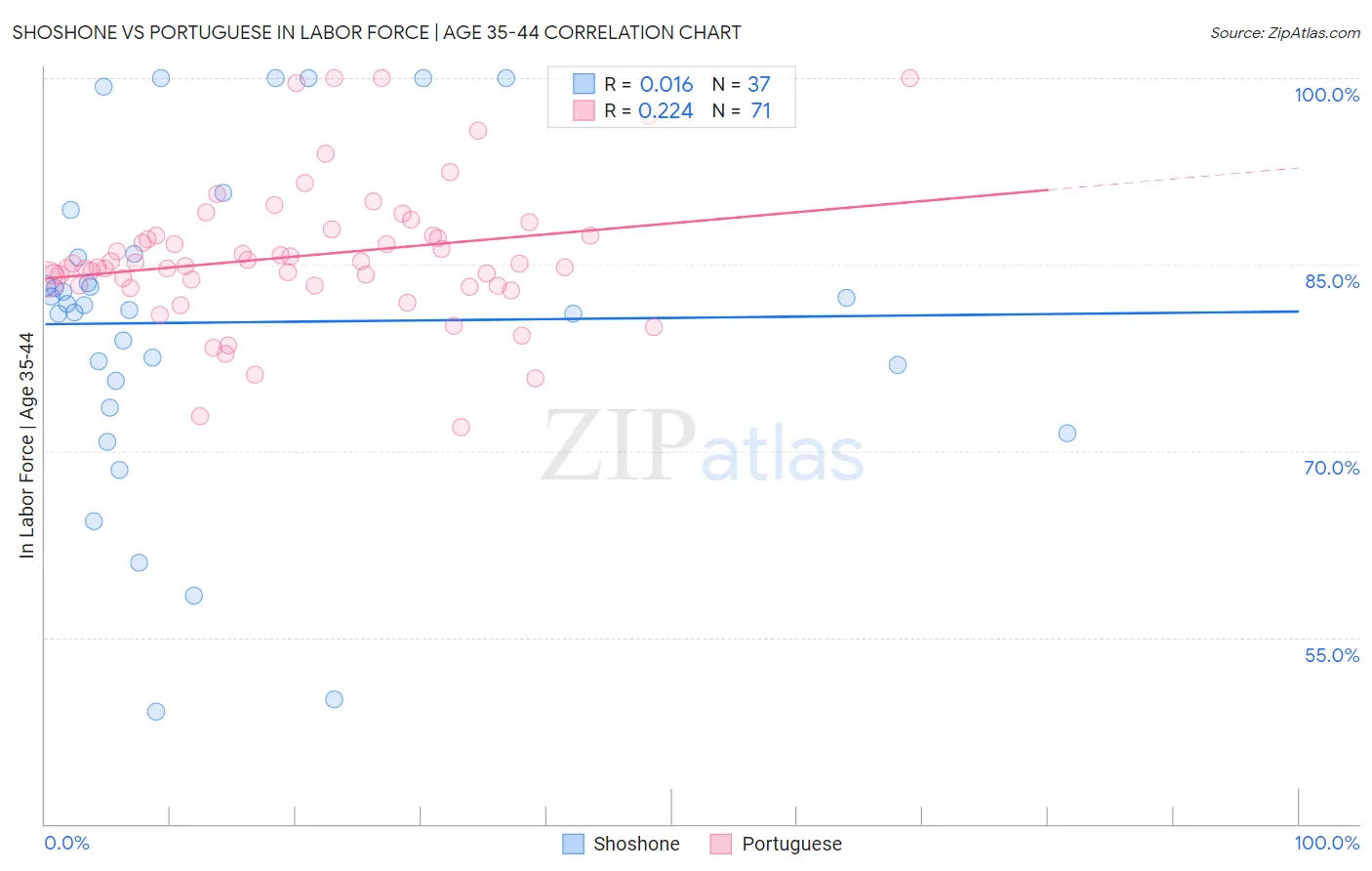 Shoshone vs Portuguese In Labor Force | Age 35-44