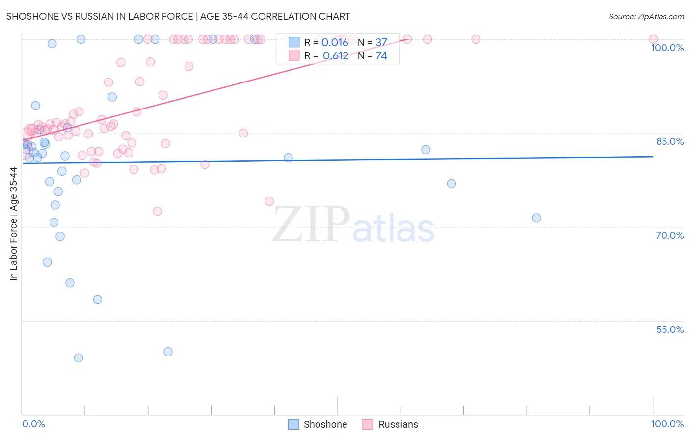 Shoshone vs Russian In Labor Force | Age 35-44