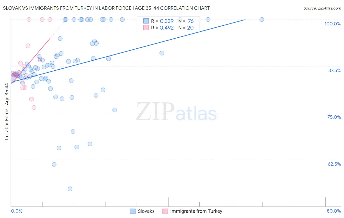 Slovak vs Immigrants from Turkey In Labor Force | Age 35-44