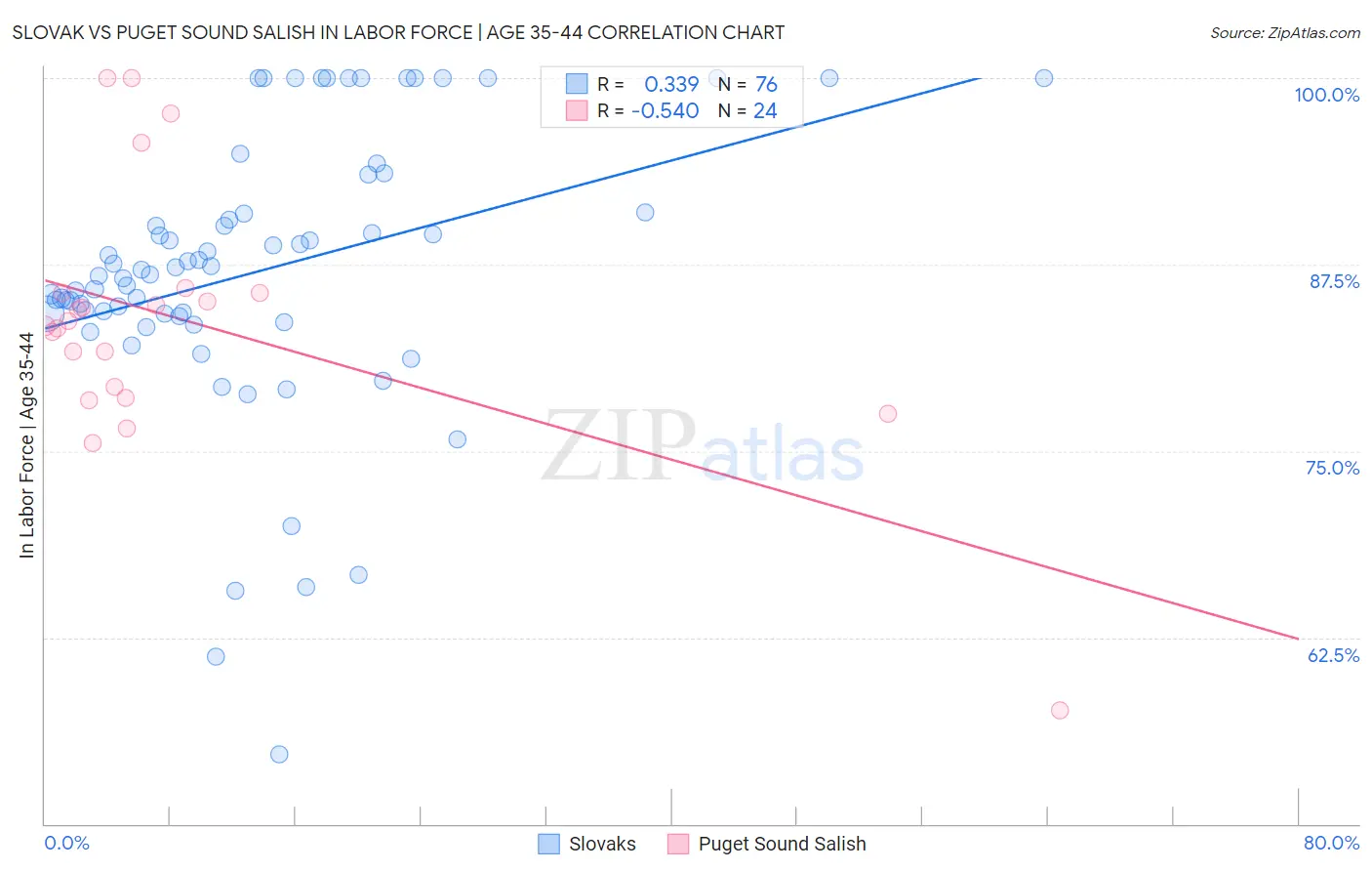 Slovak vs Puget Sound Salish In Labor Force | Age 35-44