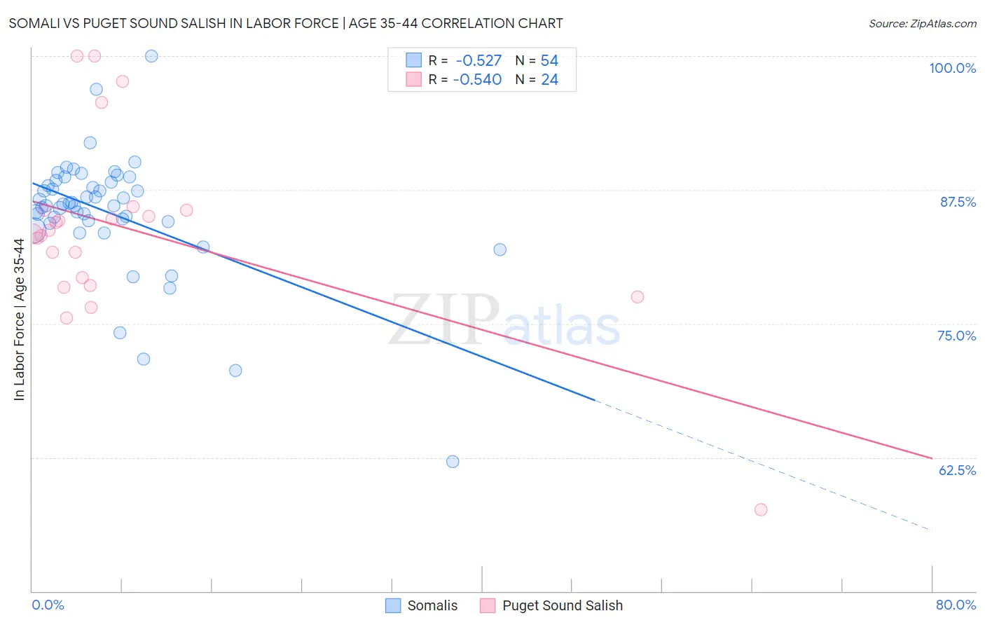Somali vs Puget Sound Salish In Labor Force | Age 35-44