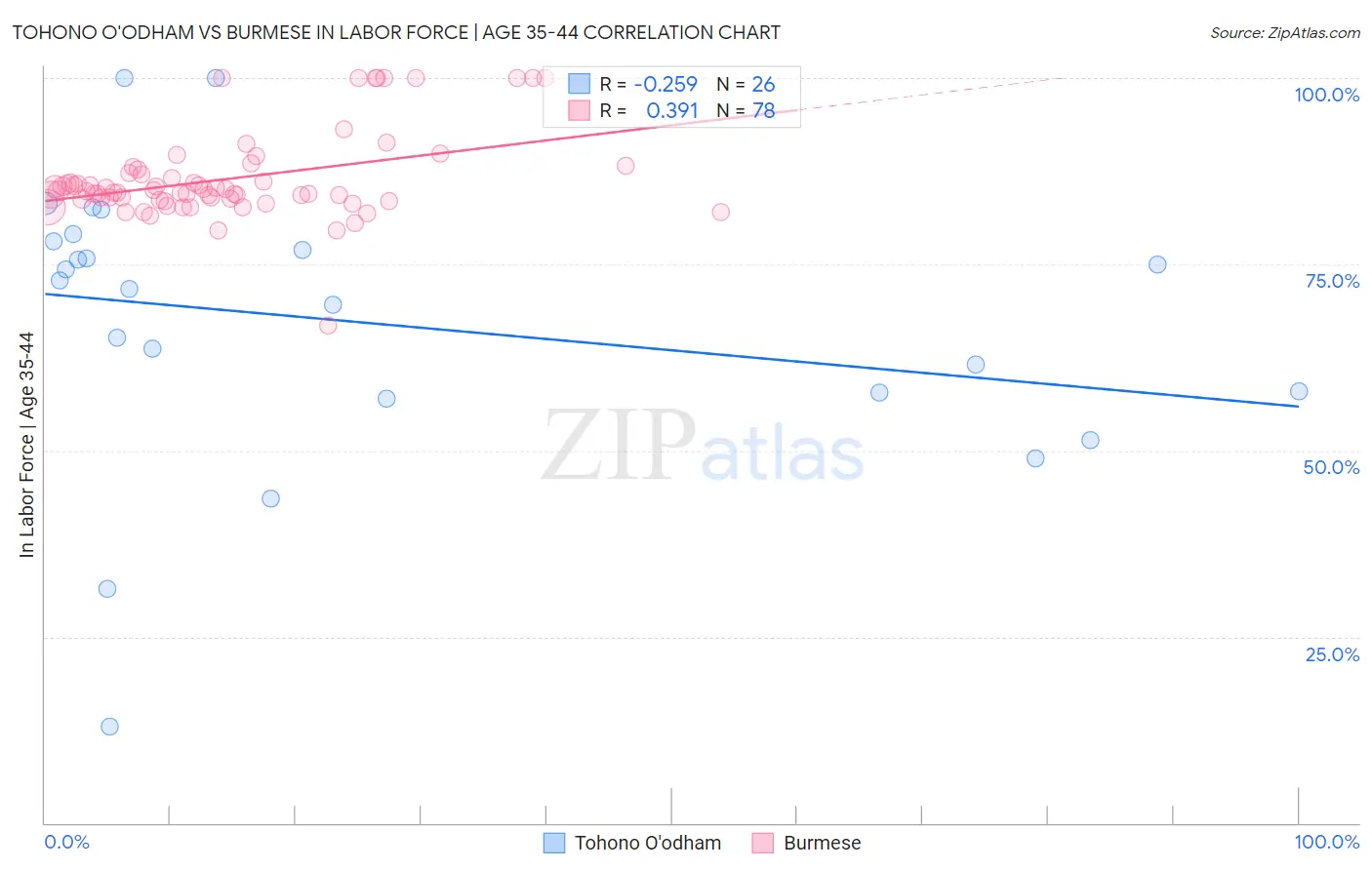 Tohono O'odham vs Burmese In Labor Force | Age 35-44
