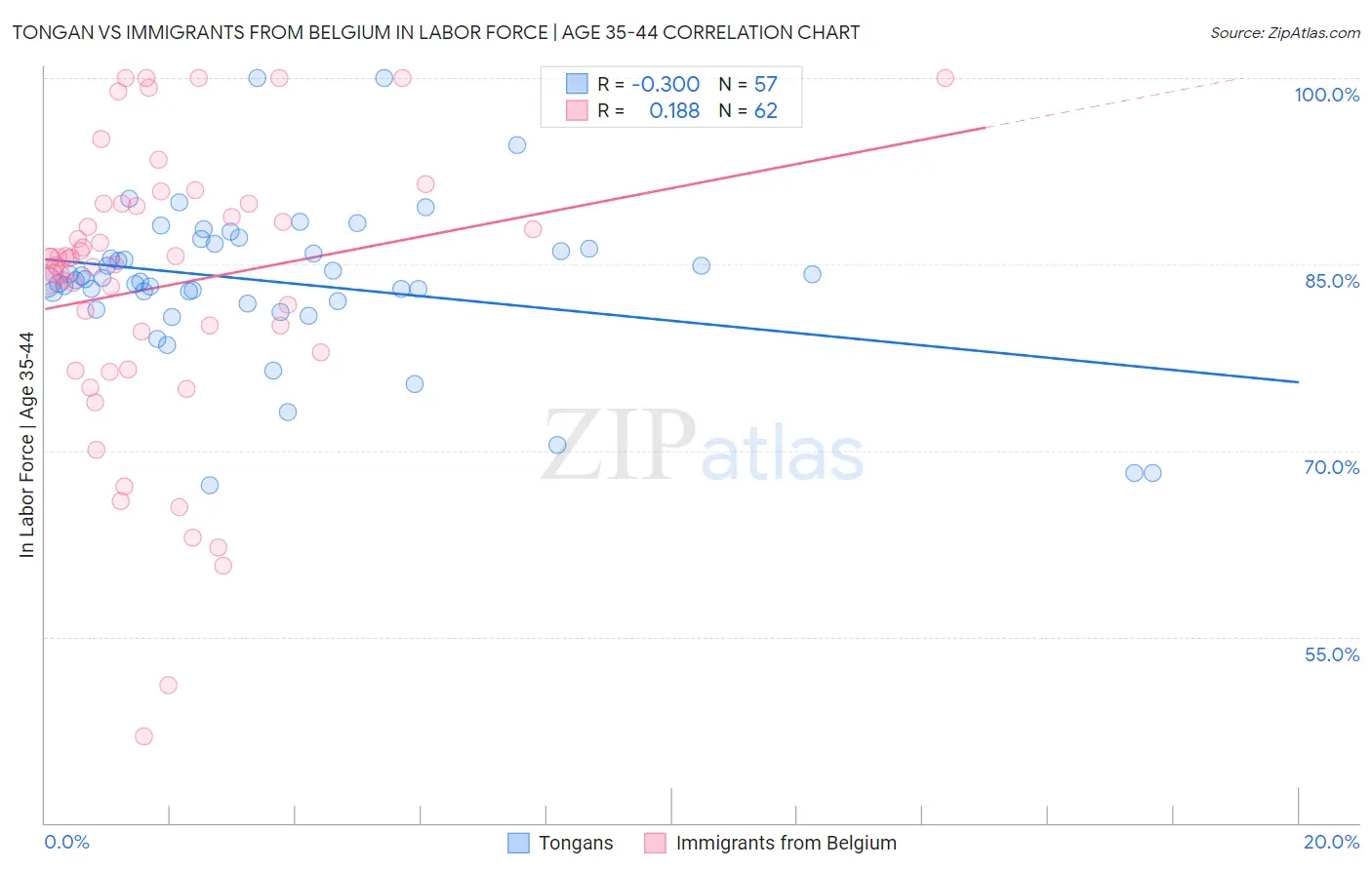 Tongan vs Immigrants from Belgium In Labor Force | Age 35-44