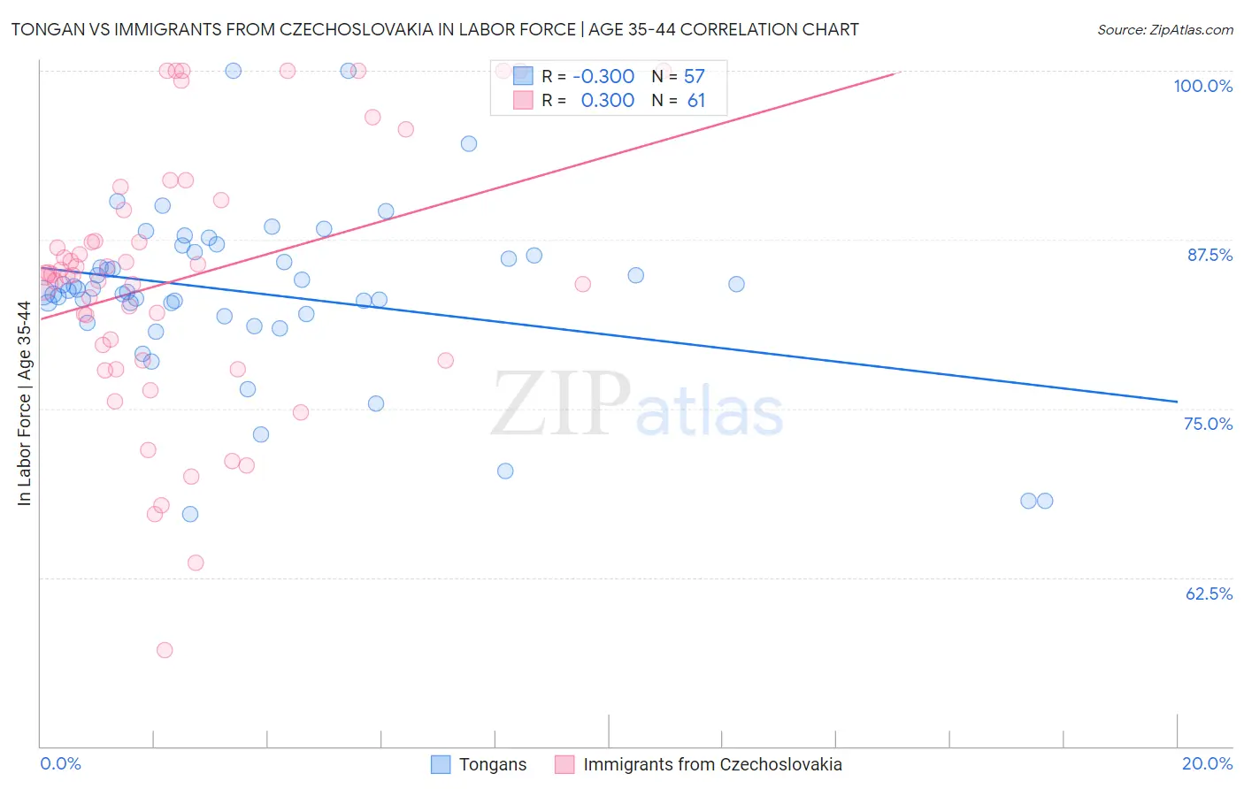 Tongan vs Immigrants from Czechoslovakia In Labor Force | Age 35-44