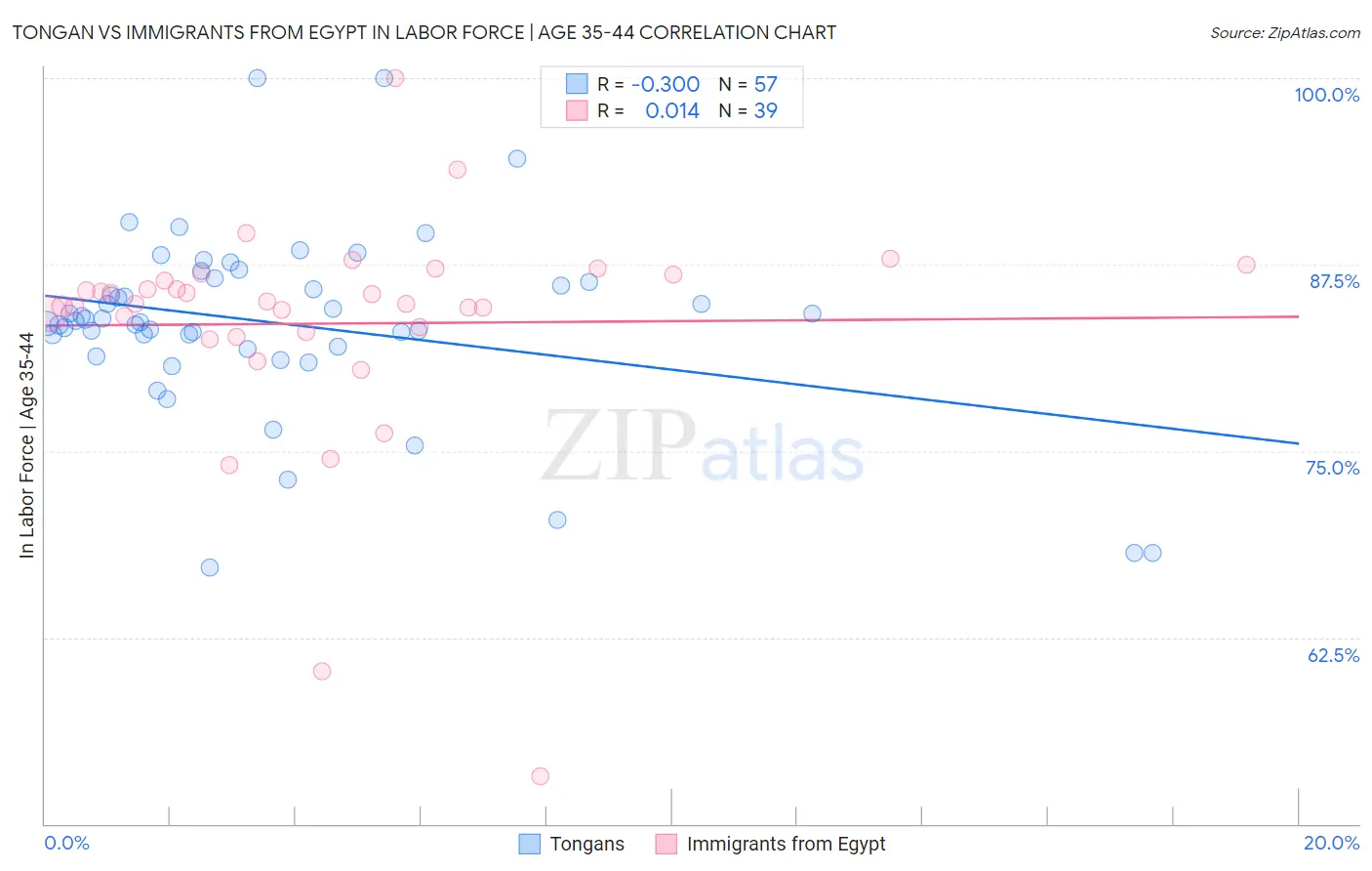 Tongan vs Immigrants from Egypt In Labor Force | Age 35-44