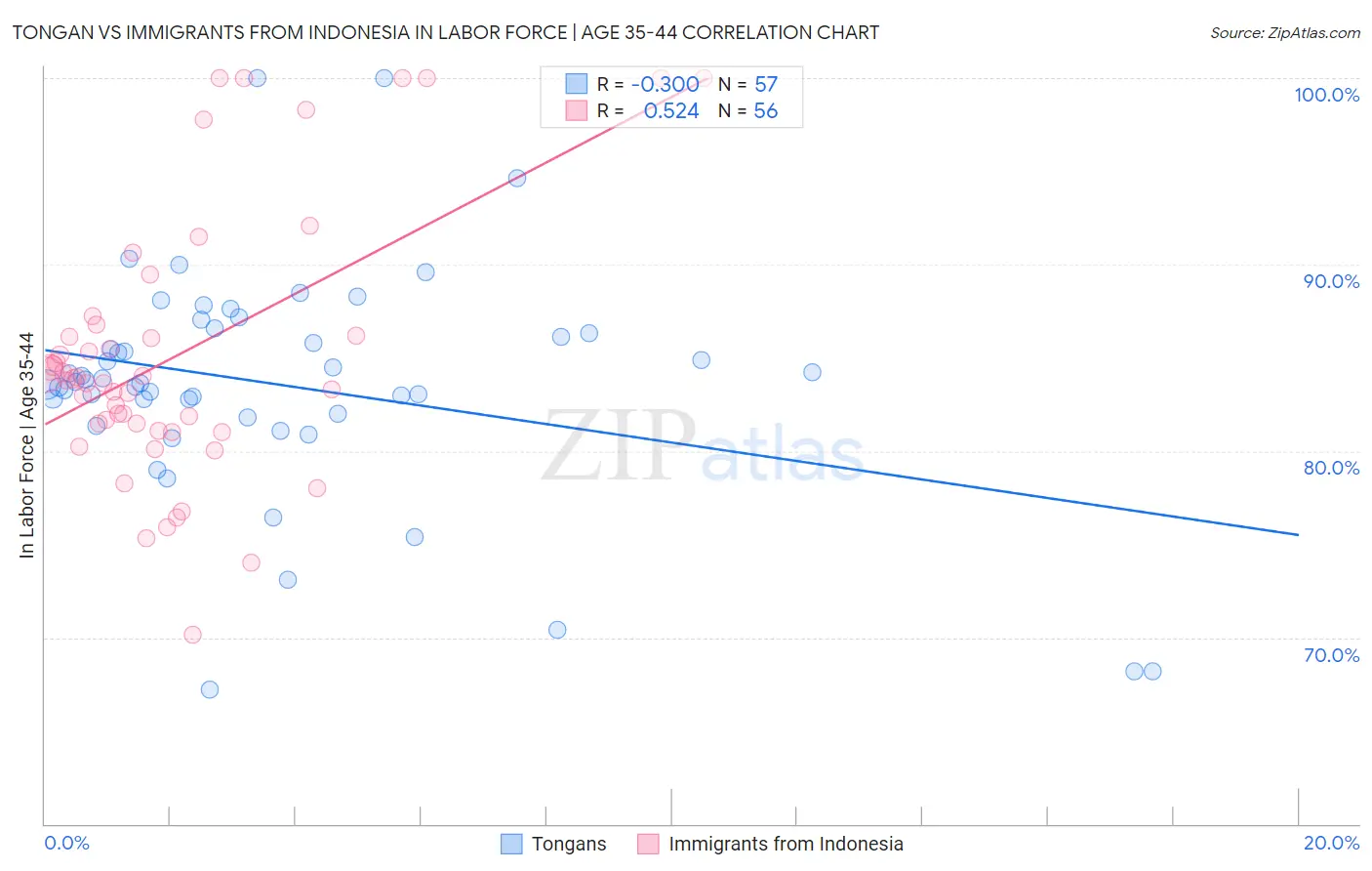 Tongan vs Immigrants from Indonesia In Labor Force | Age 35-44