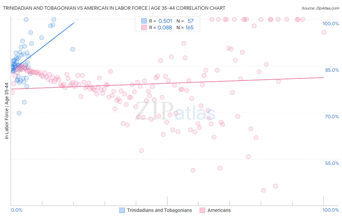 Trinidadian and Tobagonian vs American In Labor Force | Age 35-44