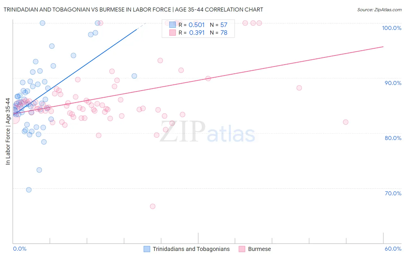 Trinidadian and Tobagonian vs Burmese In Labor Force | Age 35-44