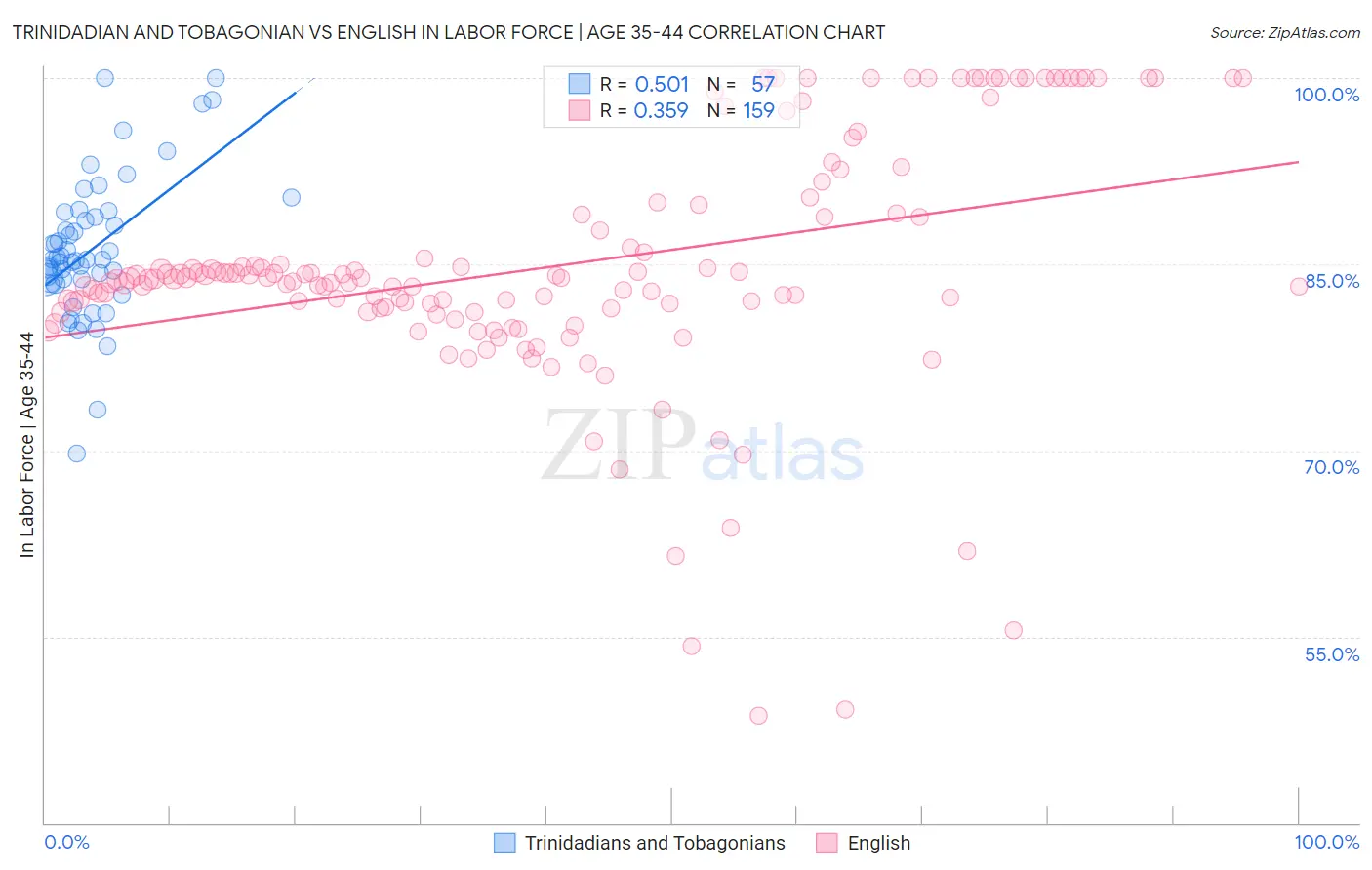 Trinidadian and Tobagonian vs English In Labor Force | Age 35-44
