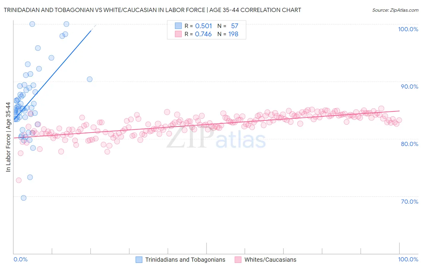 Trinidadian and Tobagonian vs White/Caucasian In Labor Force | Age 35-44