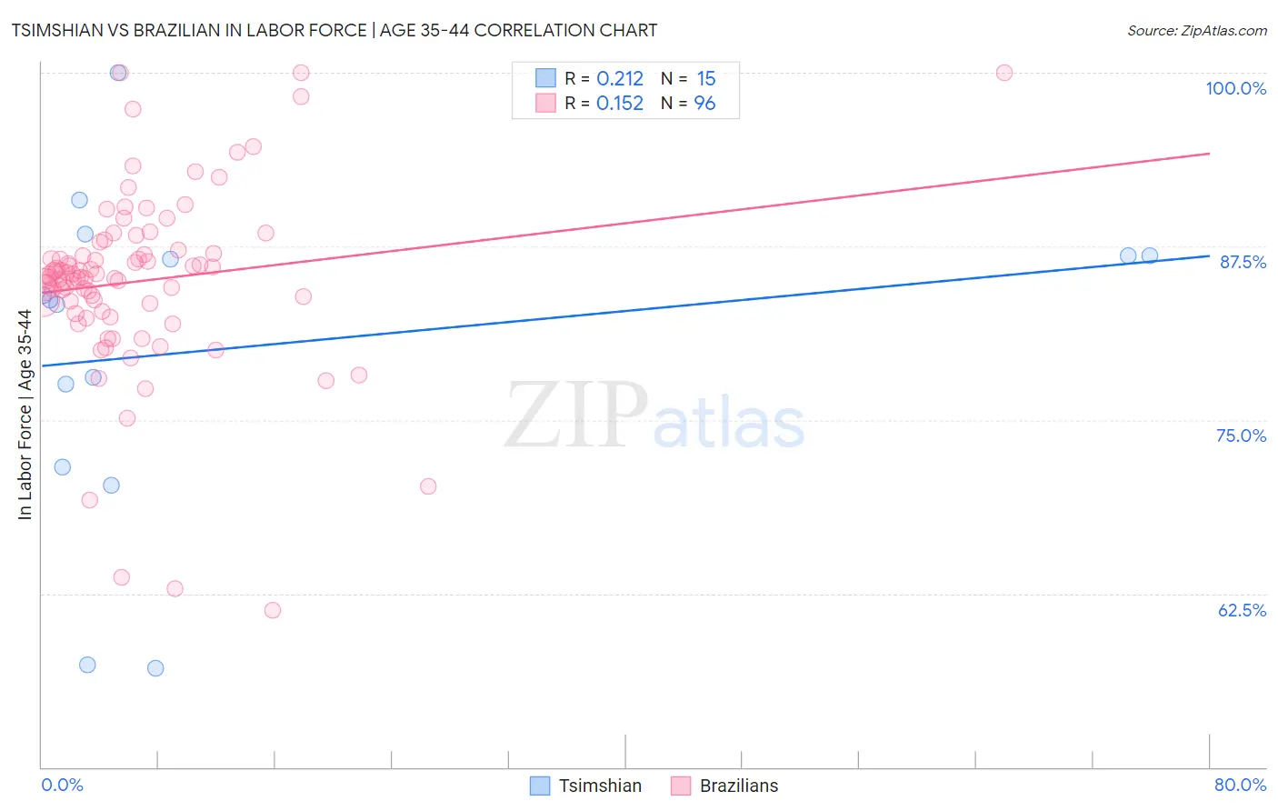 Tsimshian vs Brazilian In Labor Force | Age 35-44