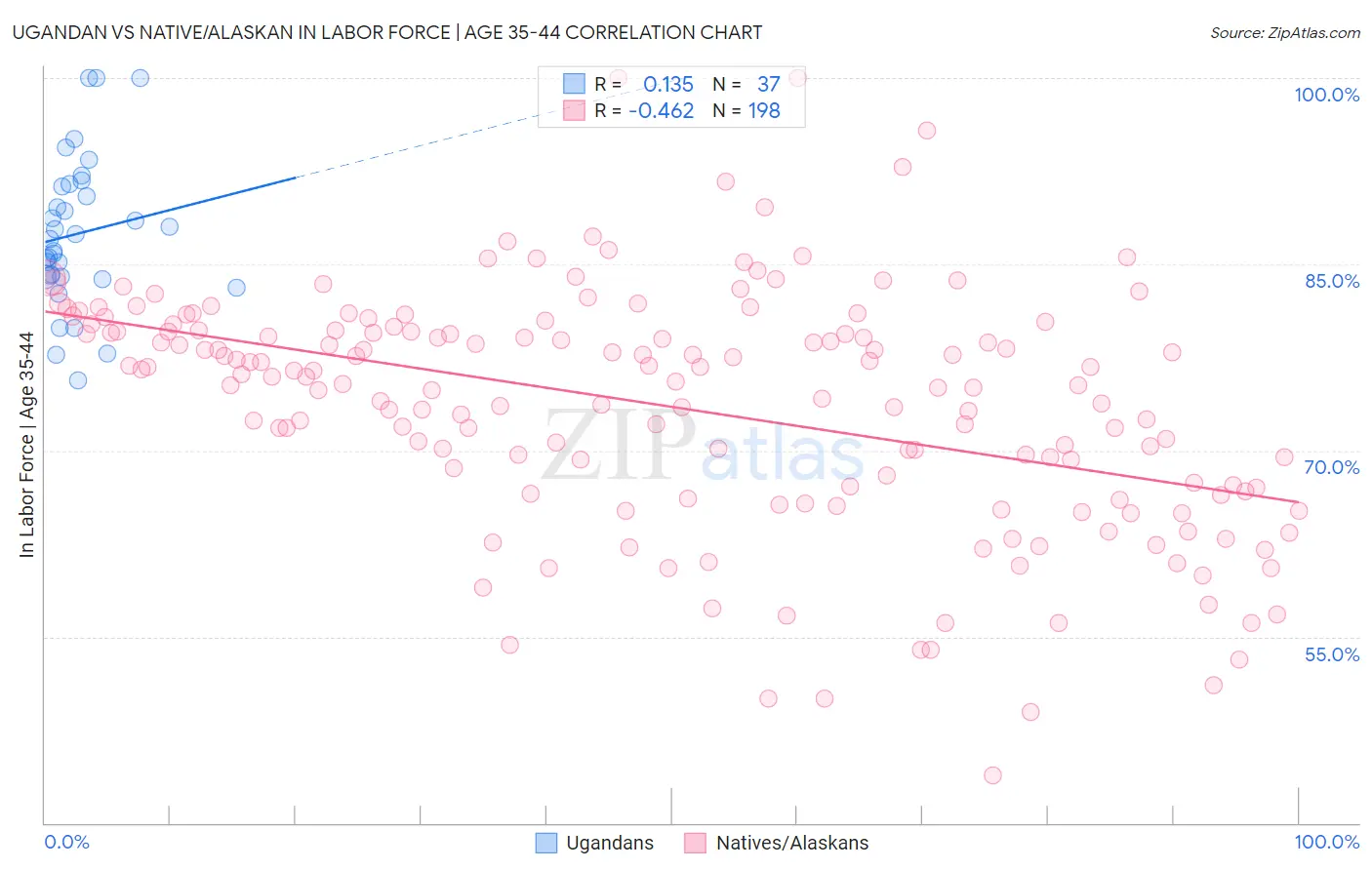 Ugandan vs Native/Alaskan In Labor Force | Age 35-44