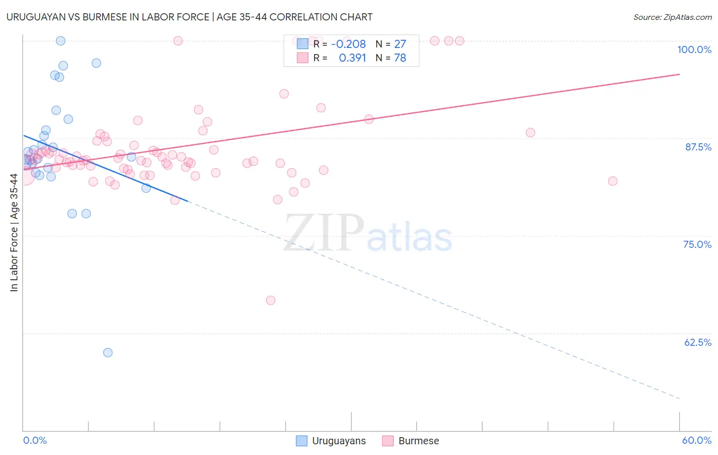 Uruguayan vs Burmese In Labor Force | Age 35-44
