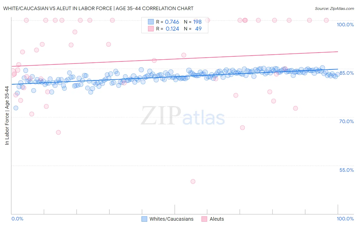 White/Caucasian vs Aleut In Labor Force | Age 35-44
