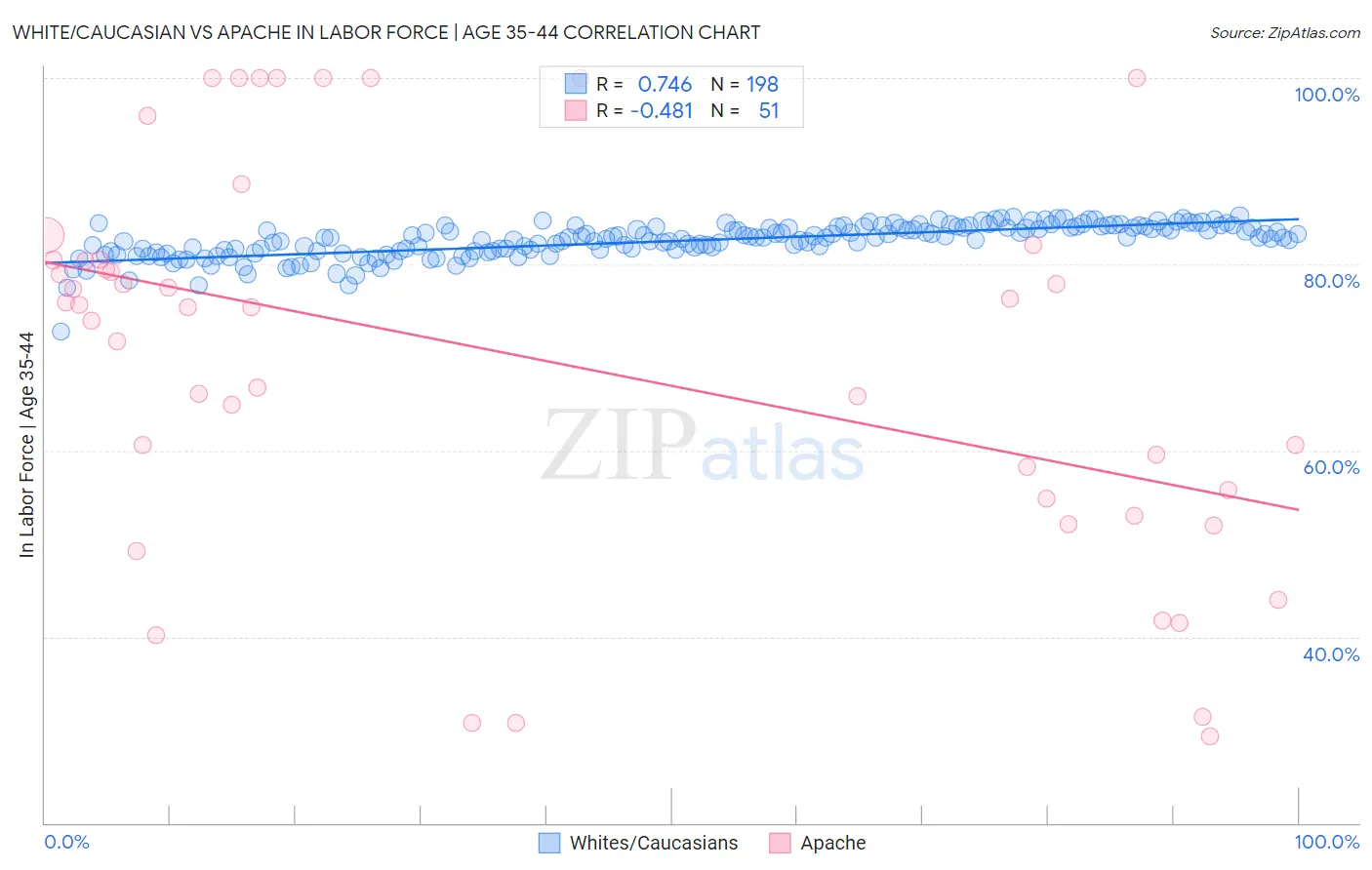 White/Caucasian vs Apache In Labor Force | Age 35-44