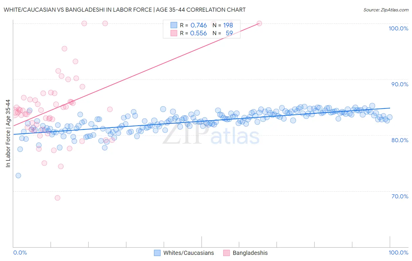 White/Caucasian vs Bangladeshi In Labor Force | Age 35-44