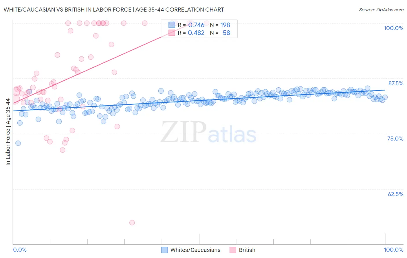 White/Caucasian vs British In Labor Force | Age 35-44