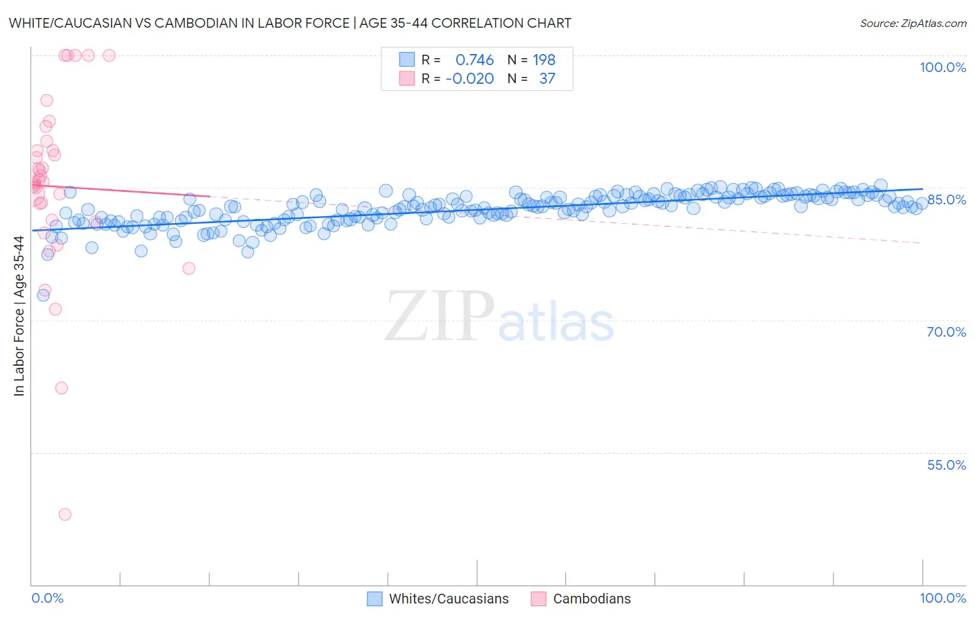 White/Caucasian vs Cambodian In Labor Force | Age 35-44