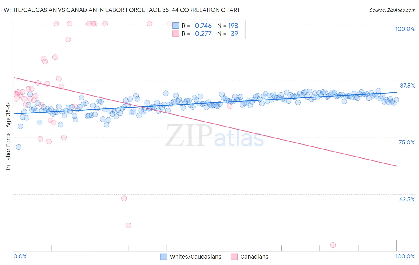 White/Caucasian vs Canadian In Labor Force | Age 35-44