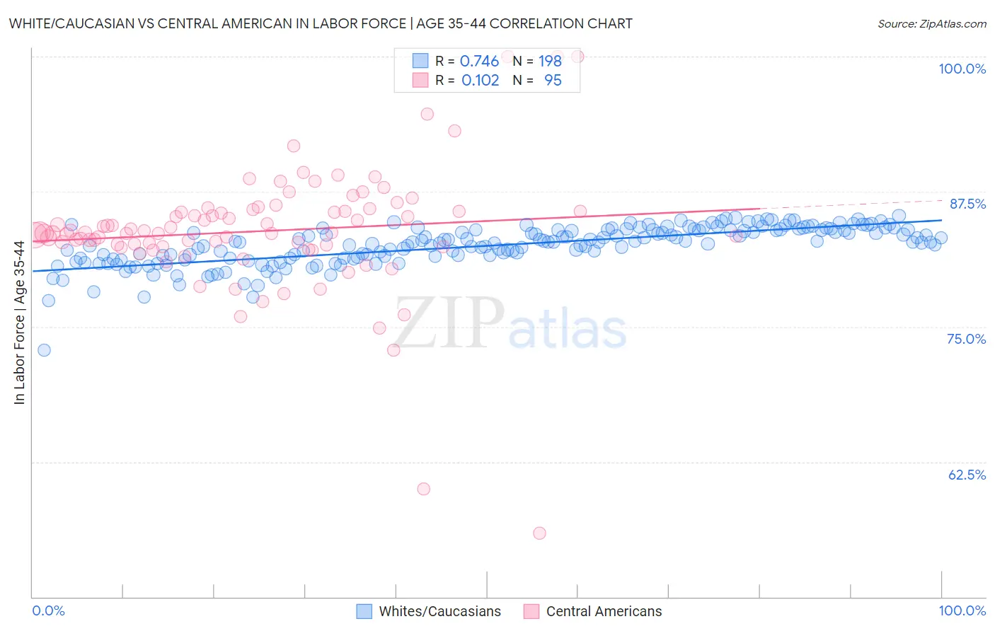 White/Caucasian vs Central American In Labor Force | Age 35-44