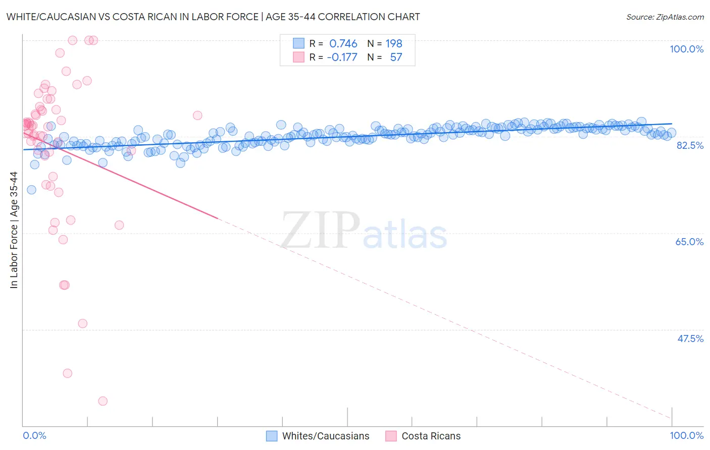 White/Caucasian vs Costa Rican In Labor Force | Age 35-44