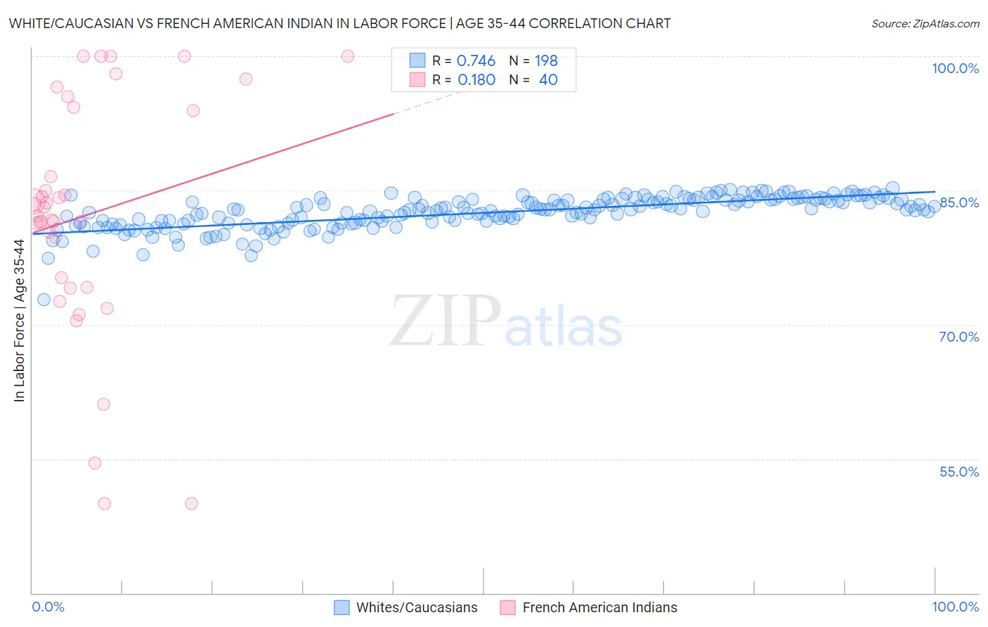 White/Caucasian vs French American Indian In Labor Force | Age 35-44